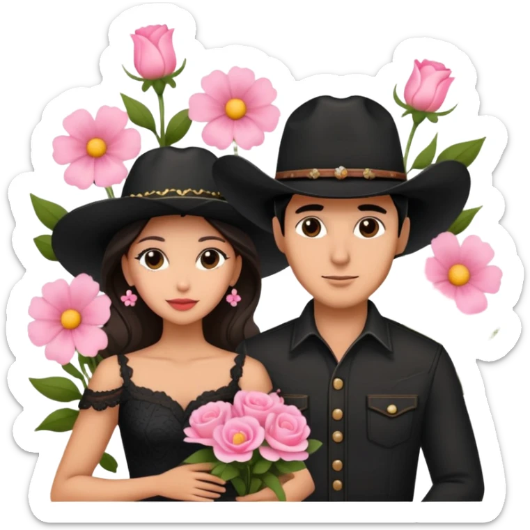 couple in front of Eiffel Tower, man in black cowboy hat, woman in elegant dress, pink flowers around sticker