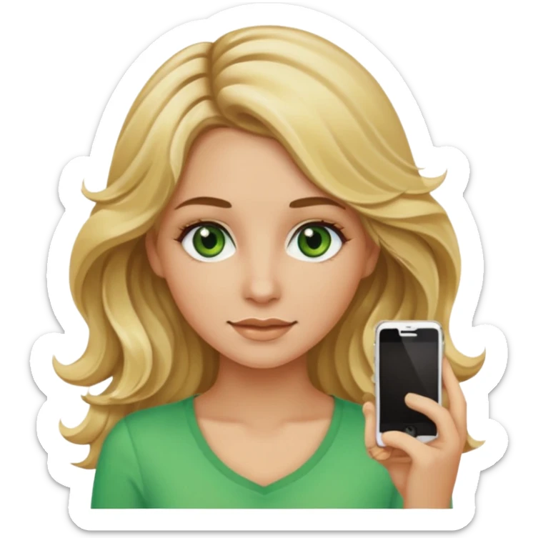 blonde-haired green-eyed young woman with long wavy hair brown roots blonde highlights brown eyebrows summer tan iPhone emoji style sticker
