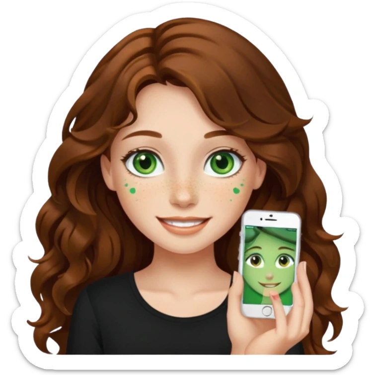 Girl with long wavy brown hair, green eyes, freckles and a black top on. Make her smile  sticker