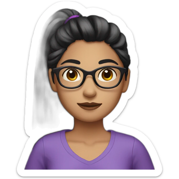 A girl with black hair with a long ponytail and rond glasses and violet sweet shirt  sticker