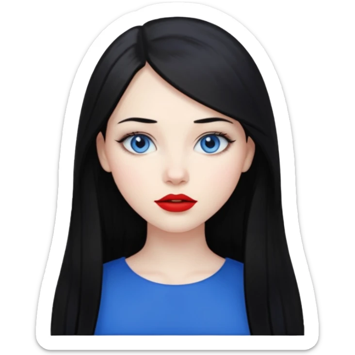 20 yr old woman long straight black hair, pale skin, blue eyes, red lipstick sticker