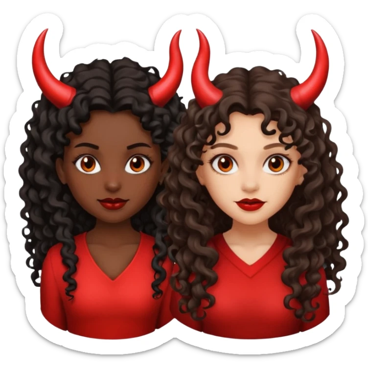 Dark skin, dark, curly hair girl with devil horns and light skinned girl with dark long wavy hair with Devil horns sticker