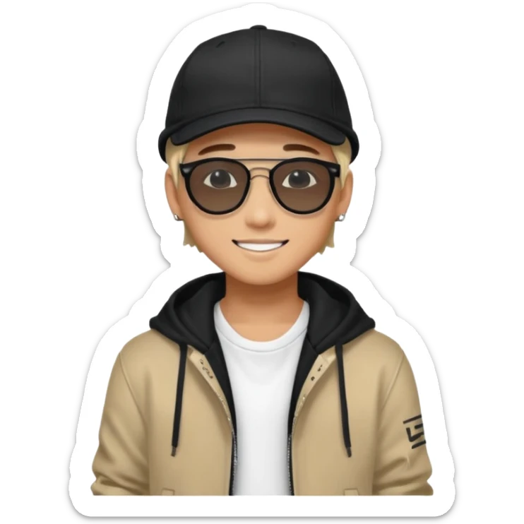 Portrait of a male K-pop idol, wearing a stylish streetwear outfit with layered clothing, makeup, wearing a black cap, happy, sunglasses sticker