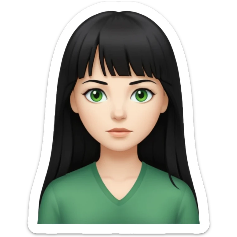 A white woman with Long straight hair with bangs, black hair, green eyes and a low-cut shirt sticker