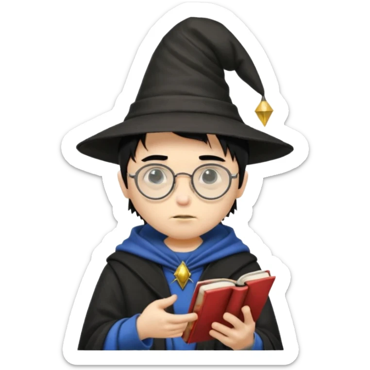 ["A sad boy with light skin, straight hair, wearing a wizard hat and round glasses, dressed in punk fashion, is reading a book while holding a phone."] sticker