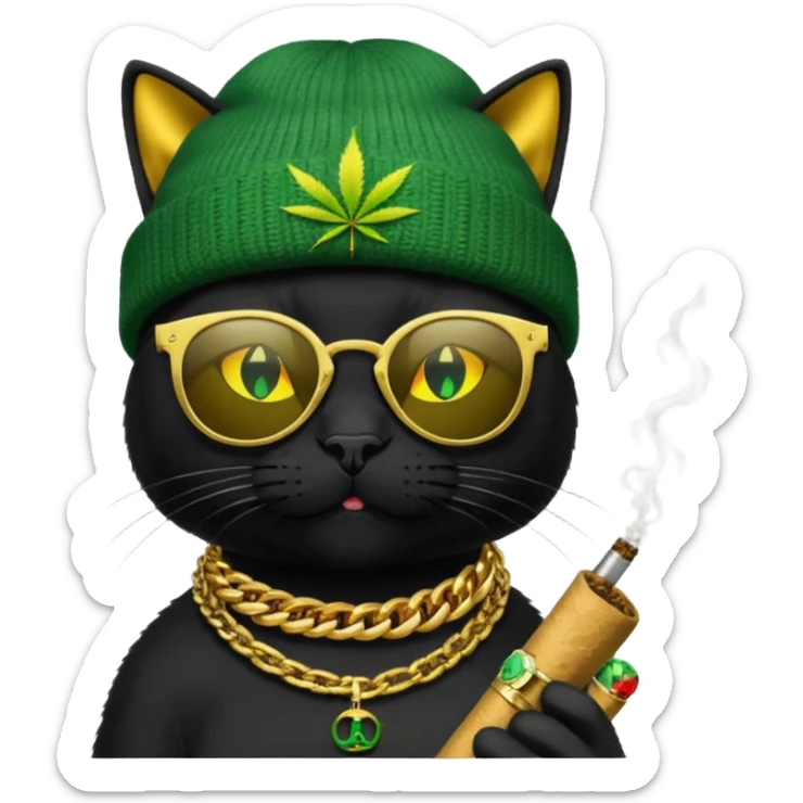 A black cat wearing the deal with it shades and a rasta beanie and smoking a joint and wearing a gold chain that says 420 and the words High Time at the top of the image sticker
