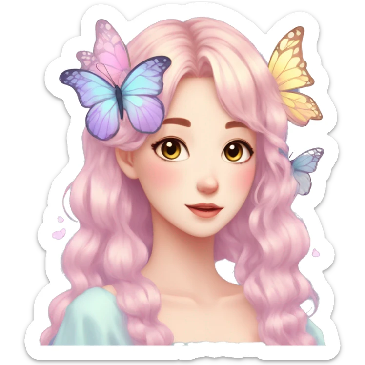 gorgeous anime pastel lady with butterflies and beautiful hair fairycore cottagecore sticker