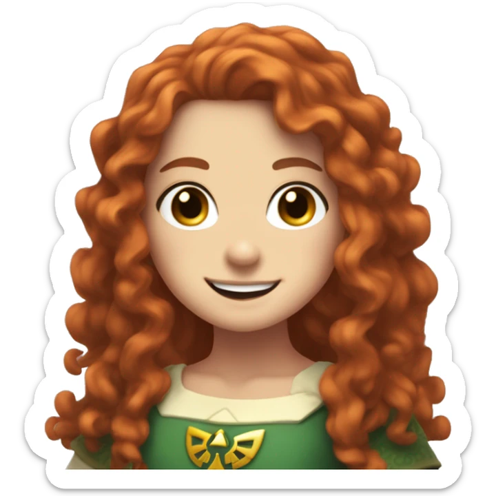 a white girl with long red curly hair and freckles, cosplaying Zelda posing and smiling sticker