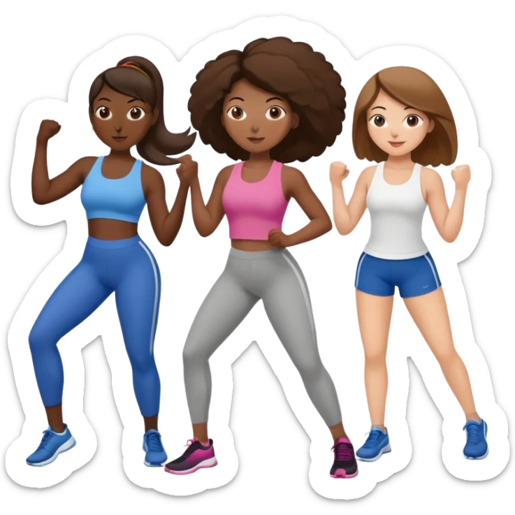 three women friends exercising together, one black woman with brown hair, two white women with brown hair sticker