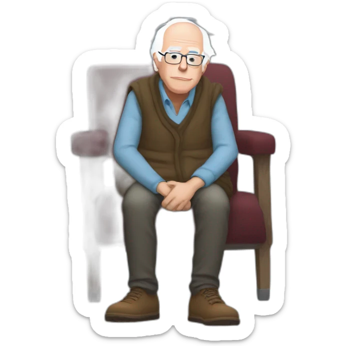 Bernie sanders freezing in chair with legs and arms crossed wearing a scarf sticker
