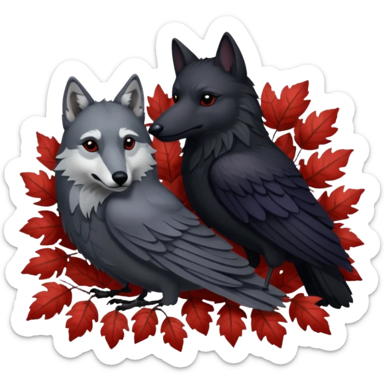 A raven bird and a wolf laying together with Weirwood leaves beneath them  sticker