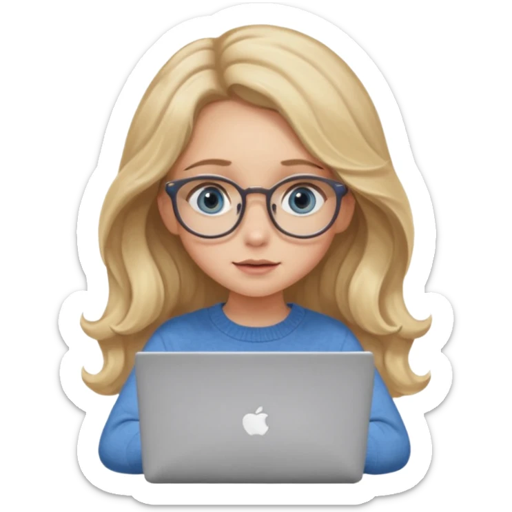 blonde girl with long dark blonde wavy hair, blue big eyes, pantos-style glasses, a brown colored sweater, sitting and looking in laptop, soft pastel, upper body shot sticker