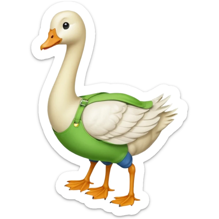 "Emoji of a white running goose with a very very long neck and two legs. The goose wears bright green dungarees." sticker