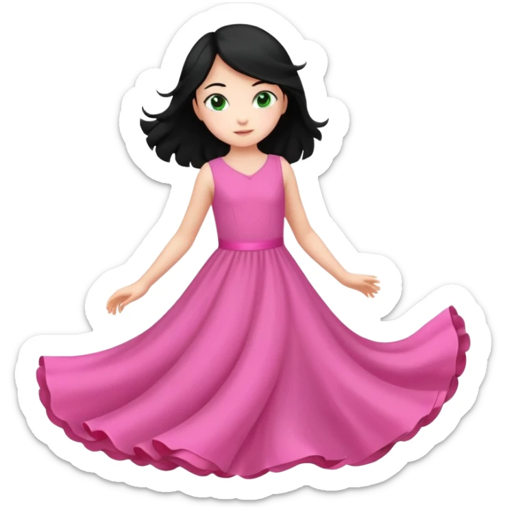 Una chica de 10 años volando con la piel clara el pelo negro y los ojos verdes con un vestido largo y rosa sticker
