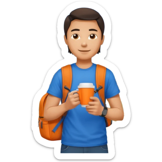 an asian man in blue t-shirt with orange cup of coffee and backpack on the back. Eiffel tower on the background. shoulder length  sticker