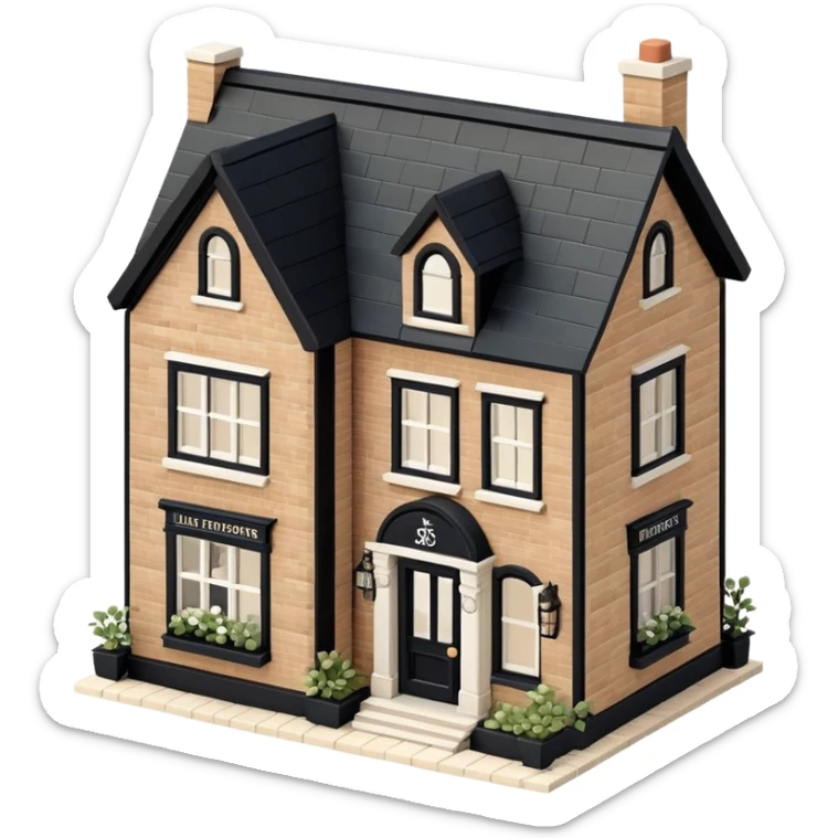 Isometric exterior little black, beige, and white apothecary, dollhouse style 3D realistic  sticker