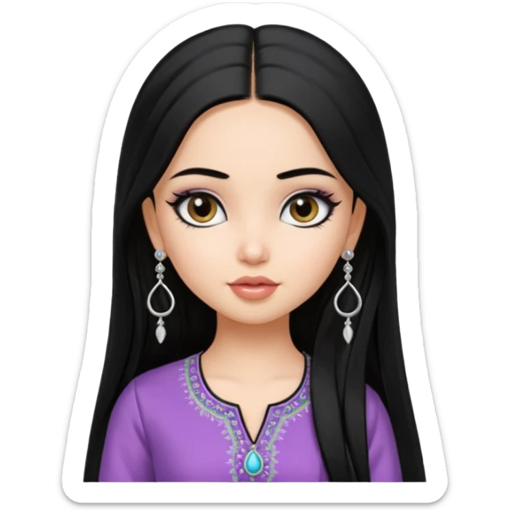 generate a pretty bratz girl wearing a kurti, eyeliner on, long straight hair, silver jhumkas in ear sticker