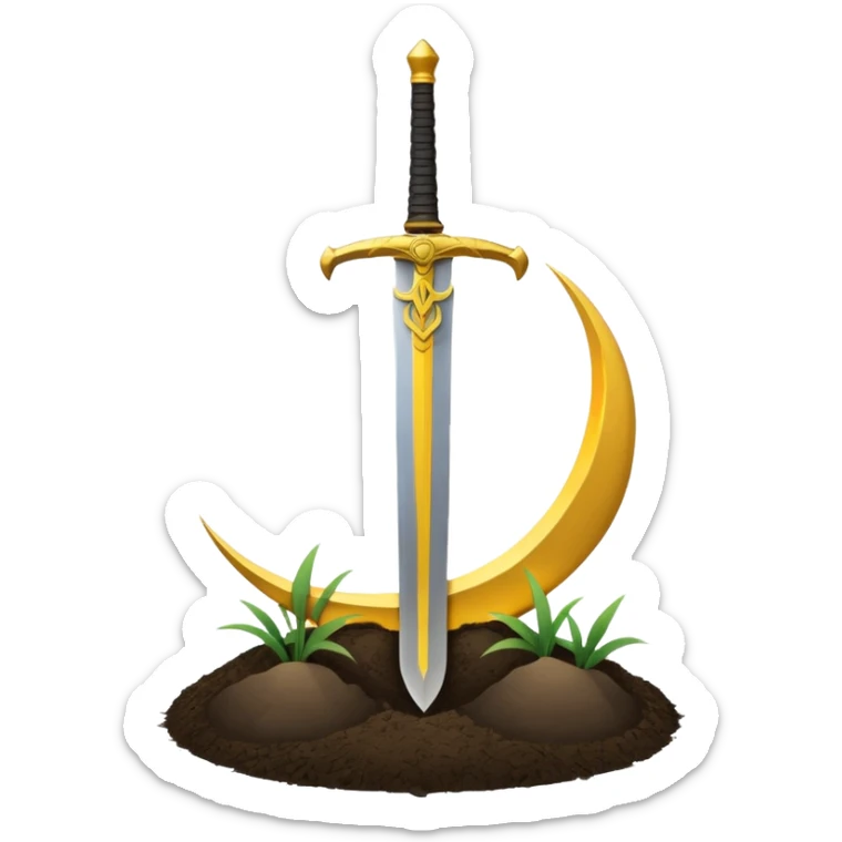 Minimalist emoji of a single upright sword planted into the ground with a glowing crescent rising behind it, representing inner discipline, Islamic strength, and the start of a new chapter. Flat icon style, transparent background sticker