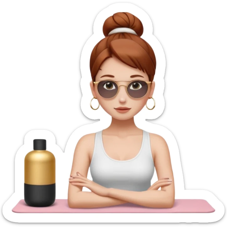Clean girl influencer character, chest-up portrait.Sleek tight bun hair color (auburn .Natural glossy makeup, soft blush, shiny lips.Minimal white tank top, small gold hoop earrings, delicate gold necklace.Black sunglasses on head.Rolled yoga mat hanging over her shoulder. sticker