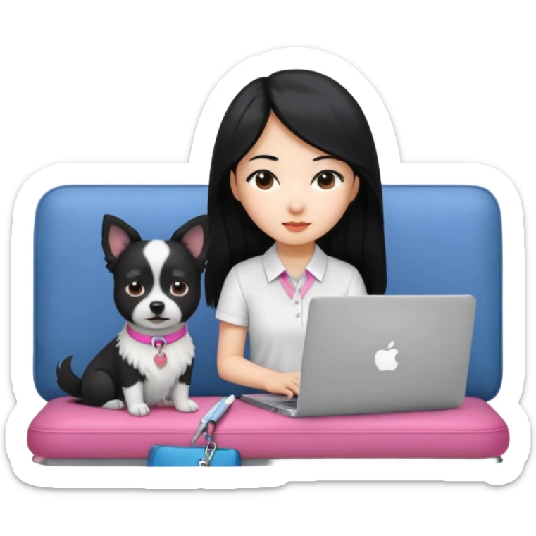 Blue back ground, Asian girl with long black hair working on an Apple laptop, next to her is a small black and white dog with pink collar on  sticker