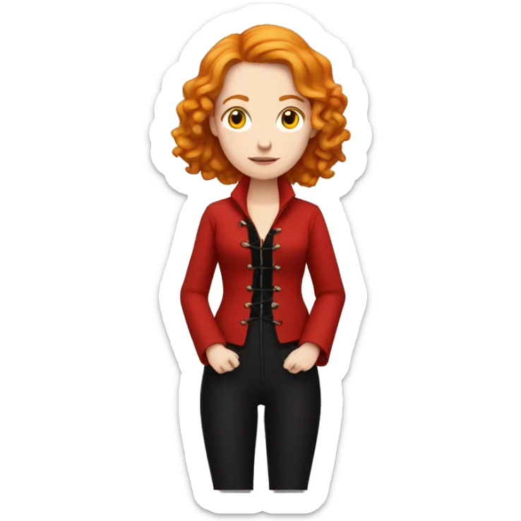 Pale girl with wavy ginger hair meditating with red corset, black pants, black shoes, long red jacket sticker