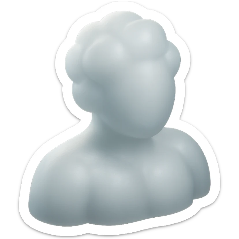 front view of a person composed entirely of white fluffy convex clouds, shoulders visible, matte glass style sticker