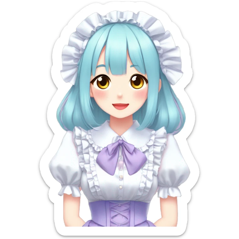 Gorgeous anime style lady blushing face maid outfit Lolita idol model colorful shiny sparkle kawaii pastelcore cottagecore pearly petite simplistic aesthetic trending style sticker