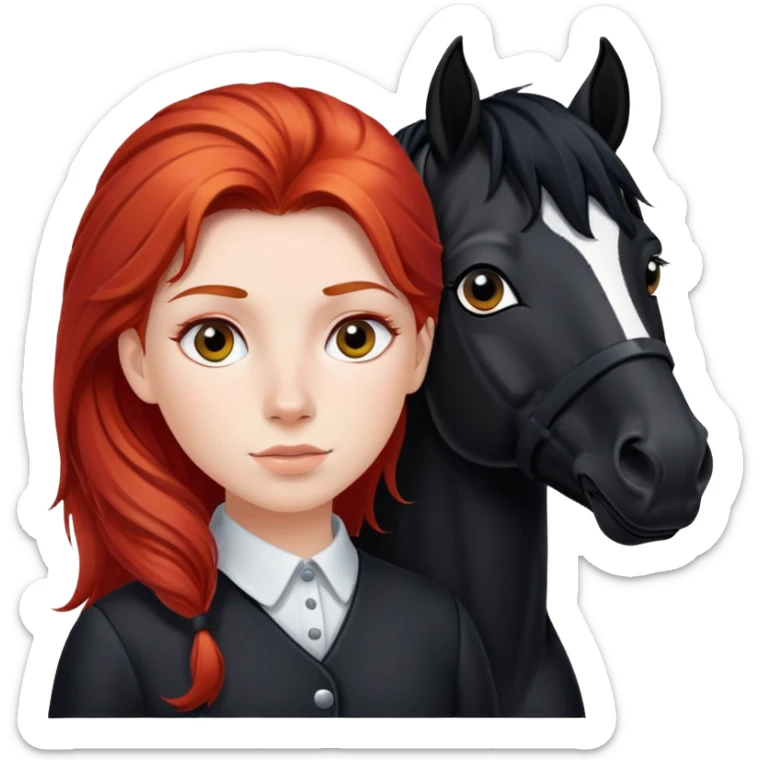 A red-haired girl with a black horse has a white stripe and a black mane on his face sticker