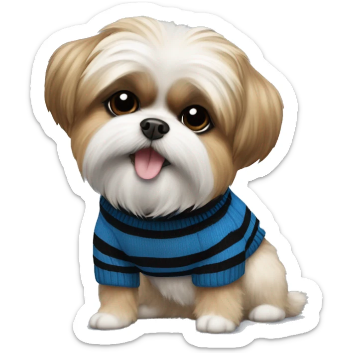 Shih Tzu and Pomeranian dog mix with a blue and black stripped sweater on and a black collar  sticker
