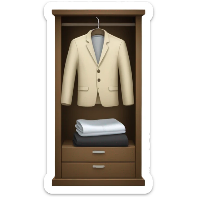 Design an emoji-style icon of an open wardrobe with clothes hanging inside. Include details like a wooden frame, hangers, and only black or white different clothing items such as shirts or any other clothing . Use a clean and minimalistic design. sticker