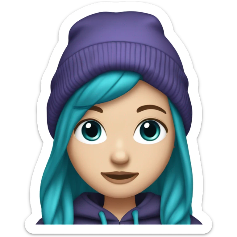 White girl, blue eyes, long teal hair, purple beanie hat, black hoodie, blue jeans, black shoes sticker