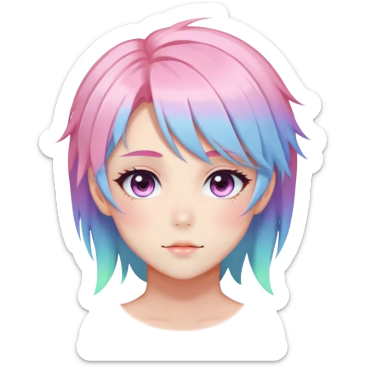 Gorgeous anime style femboy with blushing face aesthetic and pretty colorful shiny gradient pastel hair trending style sticker