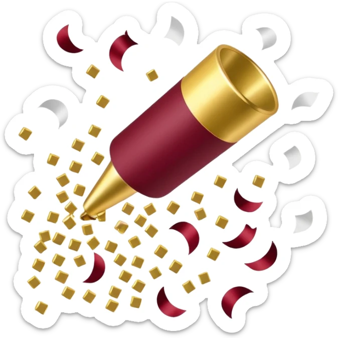 Burgundy and white confetti coming out of gold popper sticker