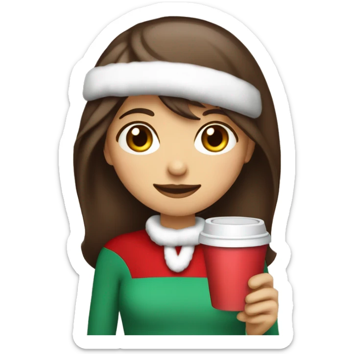 Girl with long brown hair wispy bangs wearing a Santa hat holding a cup of hot chocolate  sticker