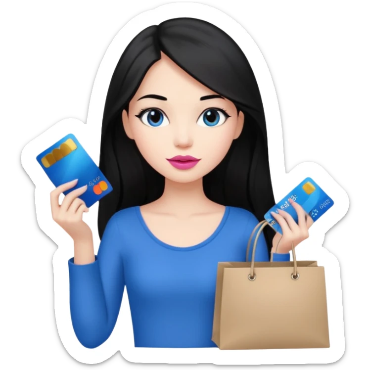 Girl with long black hair, pink lipstick, brown eyes holding shopping bags and blue credit card sticker