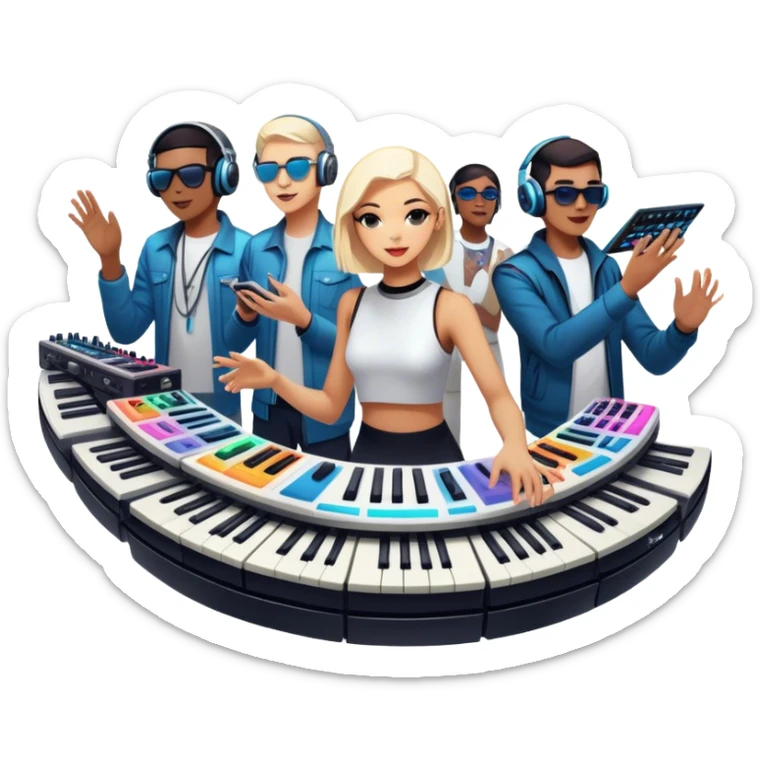 Icon for Electronic Music: Jean-Michel Jarre, Moby, DJ Tiesto, and Jorn van Deynhoven performing with synthesizers, turntables, and futuristic lighting effects. The design should evoke the vibrant and immersive atmosphere of electronic music festivals. Transparent background. sticker