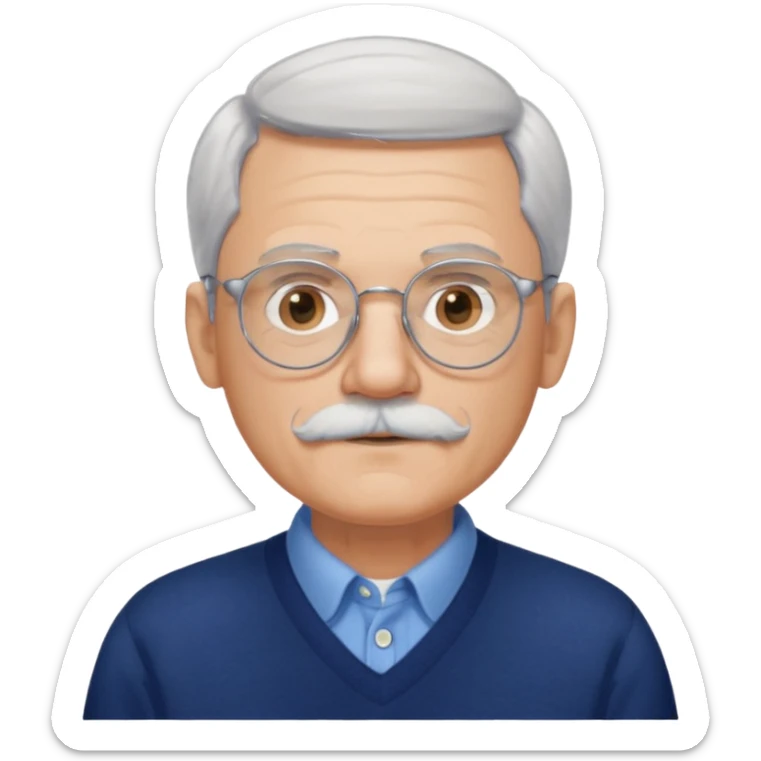 Style anchor + Senior male American, light skin, gray hair, silver round glasses, neat white mustache, navy sweater over blue collared shirt, calm. sticker