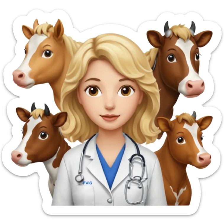 Joven mujer, de cabello rubio con ondas, veterinaria de perros, vacas y caballos sticker