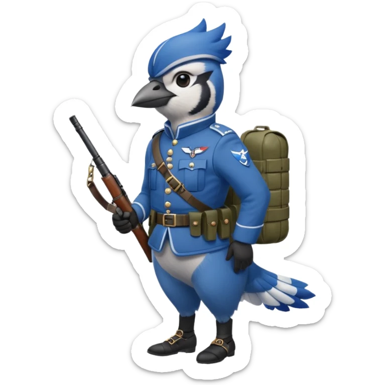A bluejay bombadier, grenadier, military uniform, bandolier of grenades, bombs, side profile, feet included  sticker