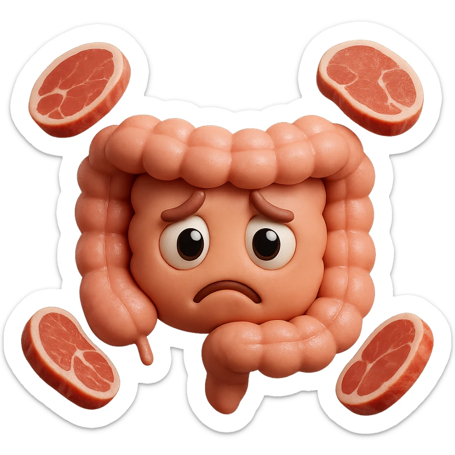 emoji stile iphone in 3d di un intestino triste con fette di carne che gli fluttuano intorno, gli occhi falli con la parte bianca pure, iperrealistico 4k sticker