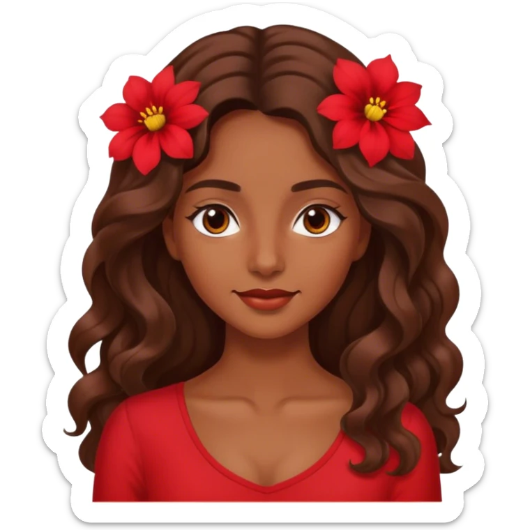 Tanned brown eyed women with long wavy hair red flower background red top sticker