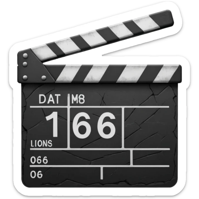 Minimalist emoji-style sticker of a cracked movie clapperboard with the date “06/06/66”, faint scorched marks, all in grayscale


 sticker