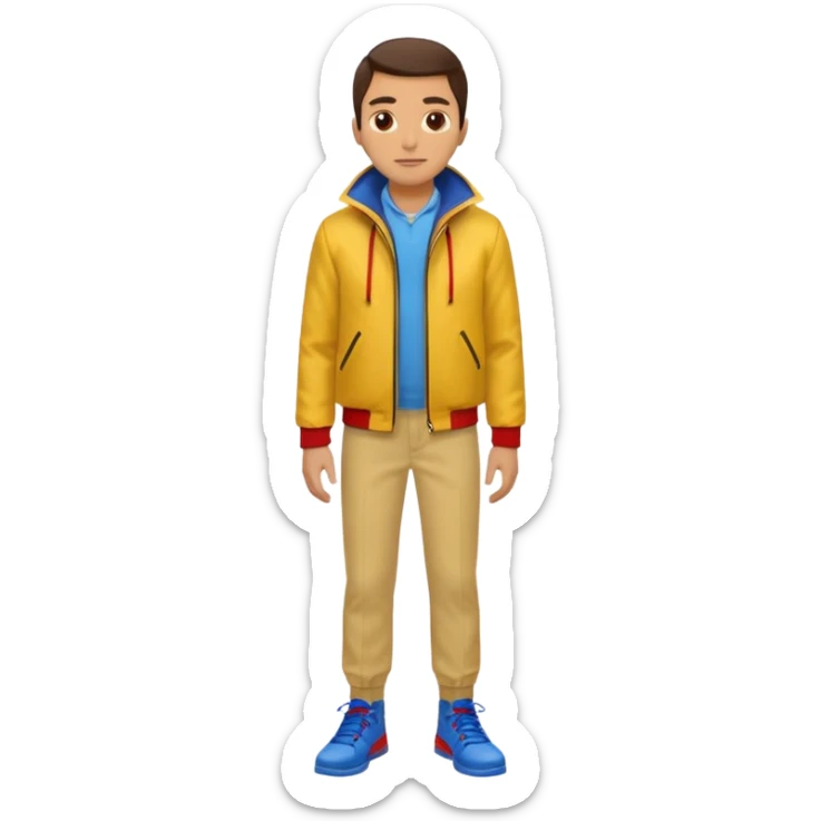 un hombre con: una chaqueta amarilla, pantalones rojos y zapatos azules. sticker