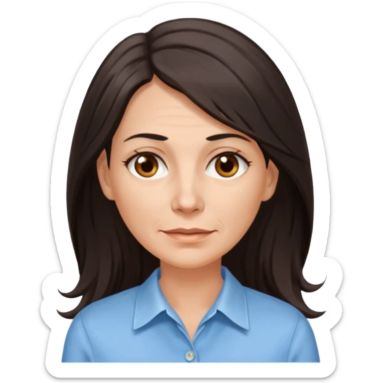 vit 50-årig kvinna med jättelångt mörkbrunt hår med vita slingor bruna ögon ljusblå skjorta med översta knappen uppknäppt sticker