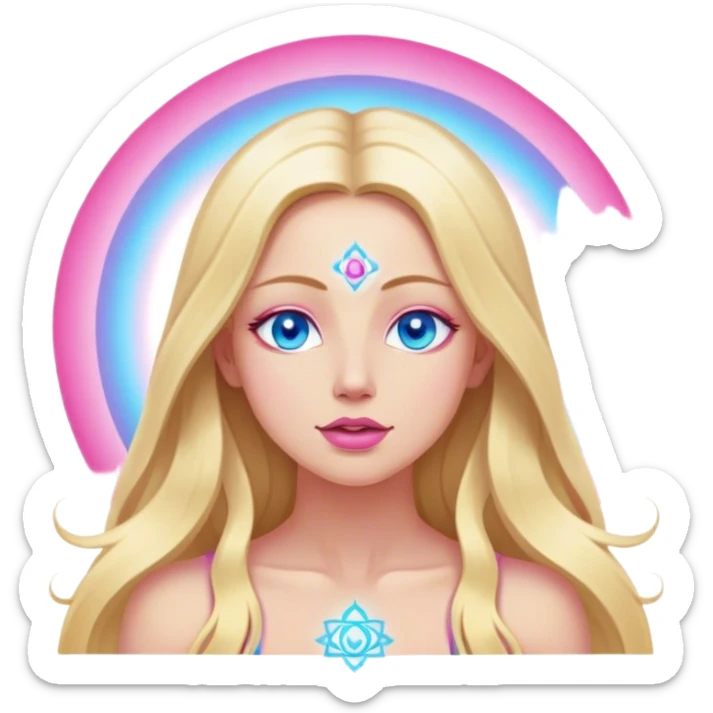 Cinematic realistic blonde with long hair, blue eyes, pink lips meditates, her chakras glow sticker