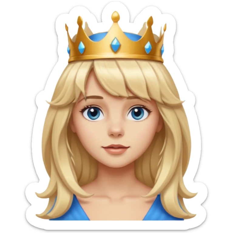 simple Blonde girl with bangs, long seductive hair and blue eyes, and a simple crown. giving cockerspaniel energy head only sticker