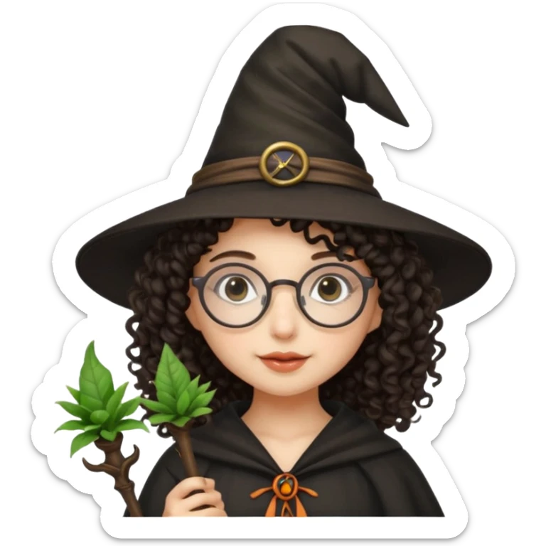 A dark curly haired girl with a witch hat, round glasses, and a plant wand sticker