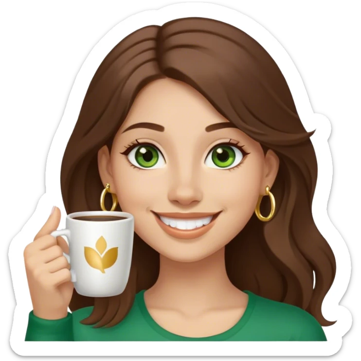 Long, Brown haired girl with middle hair part, green eyes, gold hoop nose ring, smiling, waving with one hand, coffee mug in the other sticker