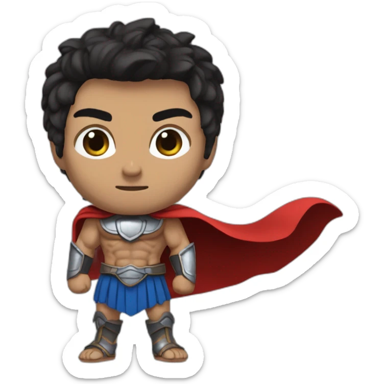 The Spartan Leonidas. Muscly physique. Wearing a red cape. Masculin. Normal face. Black hair. Blue eyes. sticker