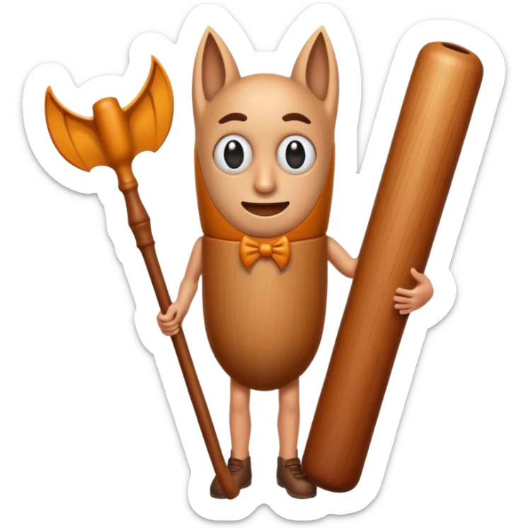 Make a wood tube with a face and wooden legs and arms and a bat sticker